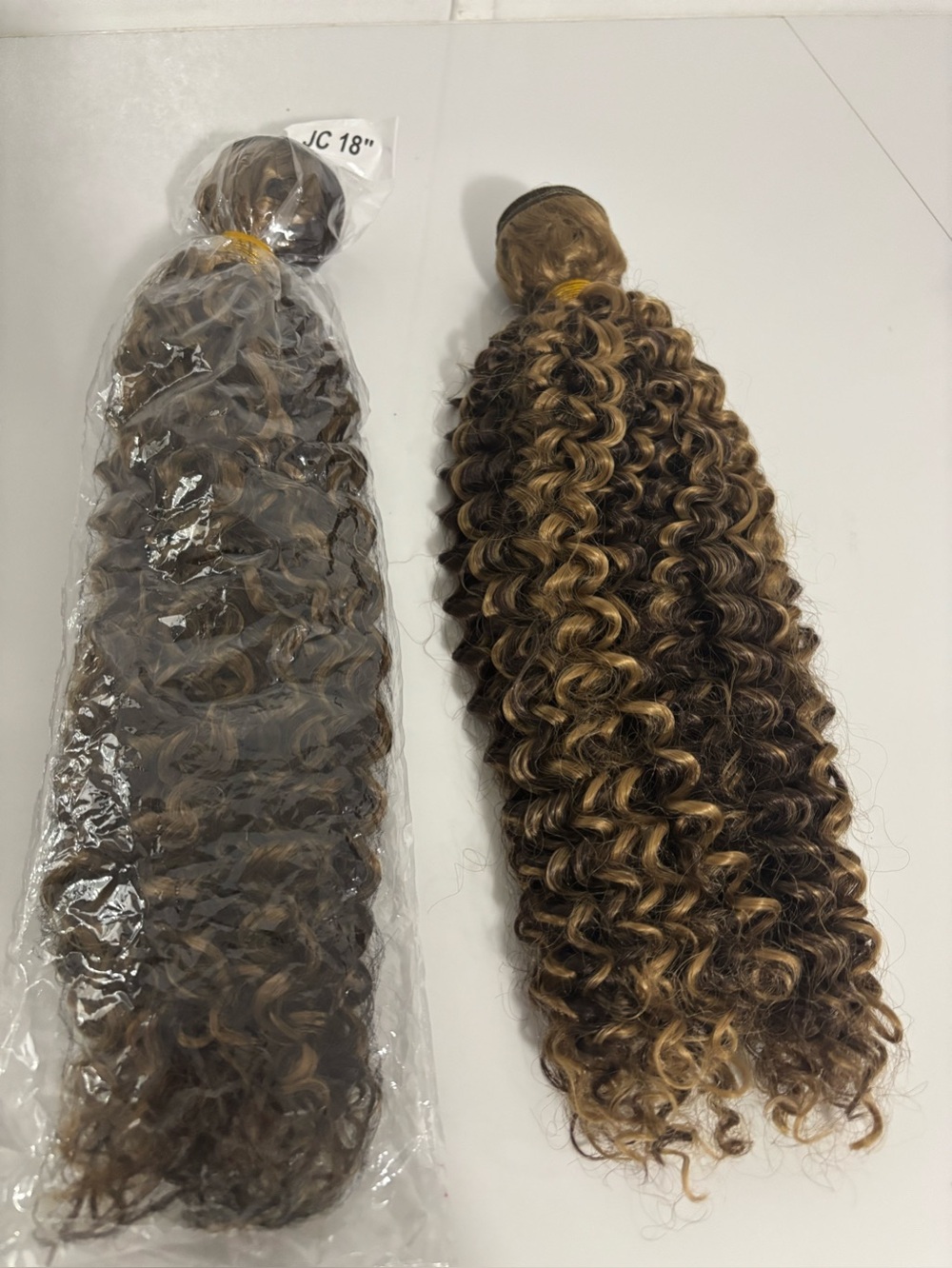 Weft Curly Synthetic Hair Extensions Dark Brown And Caramel 18” 2 Bundles